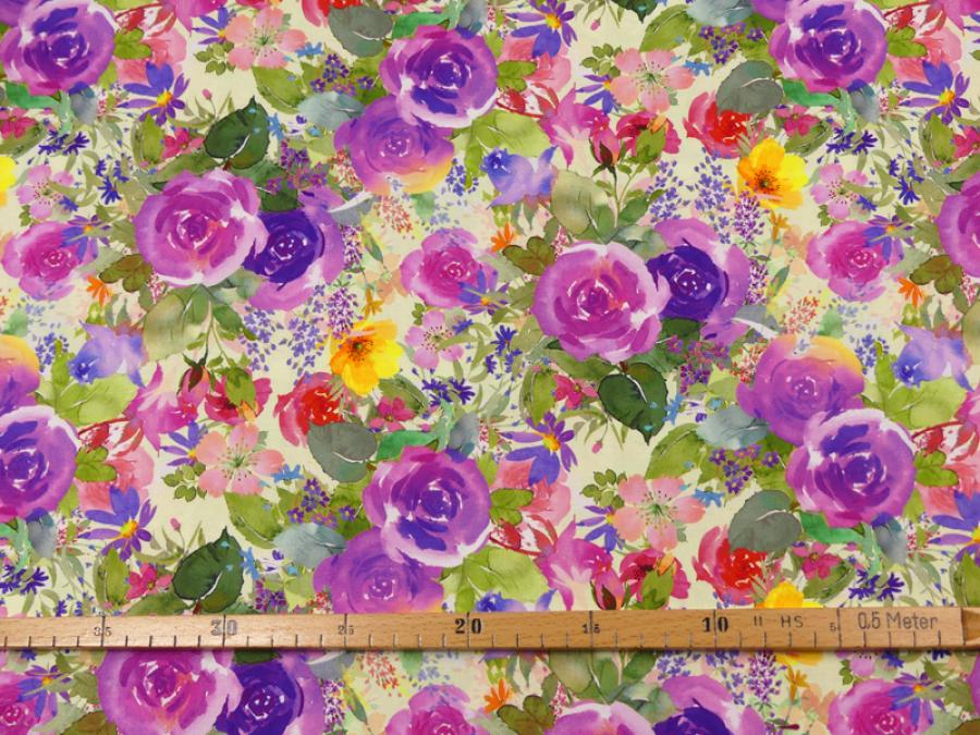 Patchworkstoff Clothworks Flowershop Rosen in lila und bunte Blumen mit Maß